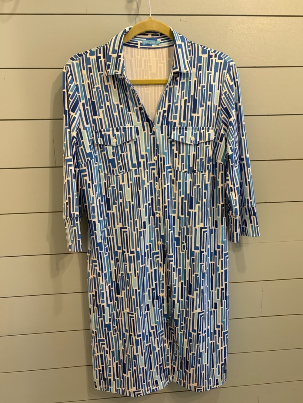 J. McLaughlin Blue and White Geometric Long Sleeve Dress